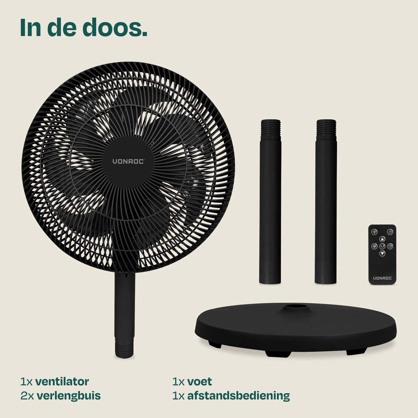 Ventilateur de sol VONROC avec télécommande – Réglable sur 3 hauteurs, avec 7 pales et minuterie – Pour chambre et salon – Plastique noir – 110 cm