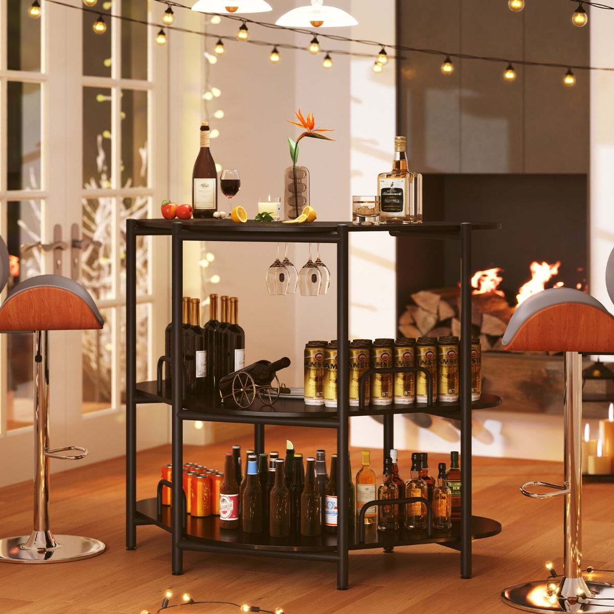 Coast - Table de bar Table de cuisine - 3 niveaux, porte-verre, max. 90 kg - 120 x 66 x 102 cm - Panneau de fibres de bois/métal - Noir