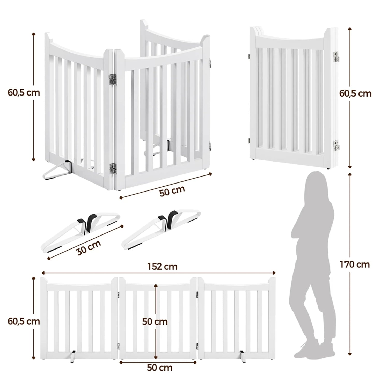 Yaheetech Dog Gate White 3-Piece - Equipée de charnières à 360°, de deux pieds en métal et de capuchons en mousse EVA - Pour les escaliers et la cuisine - MDF blanc et métal - 152 x 60.5 x 2 cm