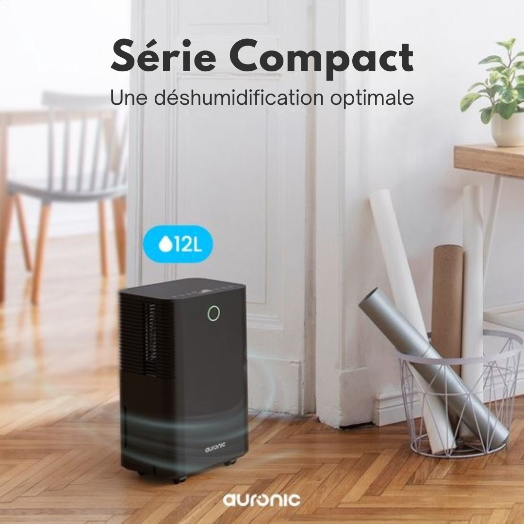 Déshumidificateur Auronic - Série compacte - 12L par jour - Fonction Lavage-Séchage - Chambre à coucher, Salle de bain et Salon - Élimination de l'humidité pour la maison - Noir