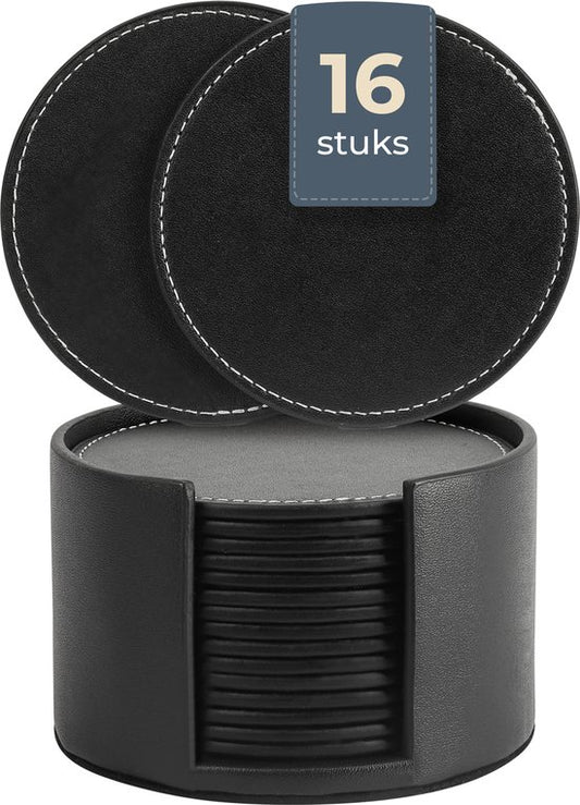 Castagnola Sous-verres en simili-cuir - Sous-verres pour verres - Sous-verres design avec support - Sous-verres en cuir - Cuir - Lot de 16 - Noir avec surpiqûres