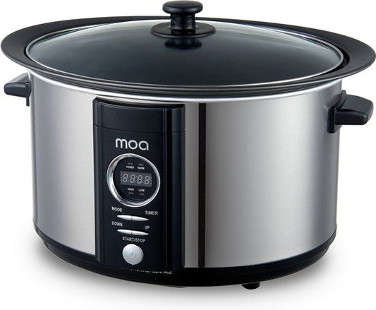 Mijoteuse MOA avec minuterie - 6,5L - Ø 24,5cm - Cuve intérieure en aluminium - Couvercle transparent - 3 niveaux de température - Lavable au lave-vaisselle - Sans BPA - acier inoxydable