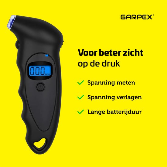 Garpex® Tyre Pressure Gauge - Manomètre pour pneus - Lampe de poche intégrée - Numérique - Manomètre