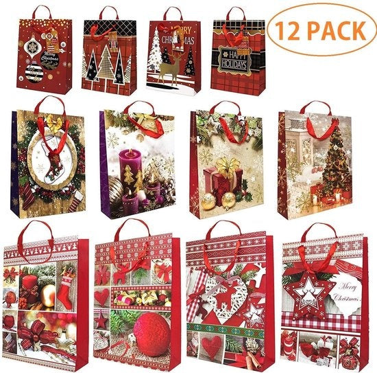 Assortiment de 12 sacs cadeaux de Noël avec poignées en corde et étiquettes cadeaux assorties - 4 grands (31 x 40 cm), 4 moyens (26 x 32 cm) et 4 petits (18 x 24 cm)