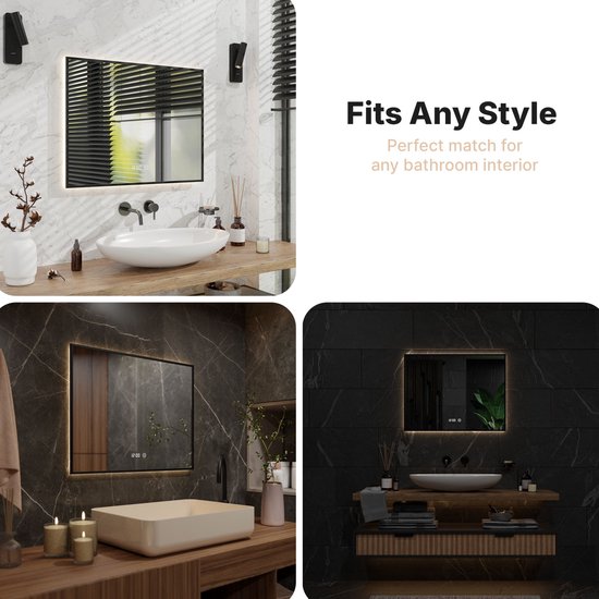 Mirlux Miroir de salle de bain avec éclairage LED et chauffage - Miroir mural rectangulaire - Miroir de douche anti-condensation - 80x60CM - Noir