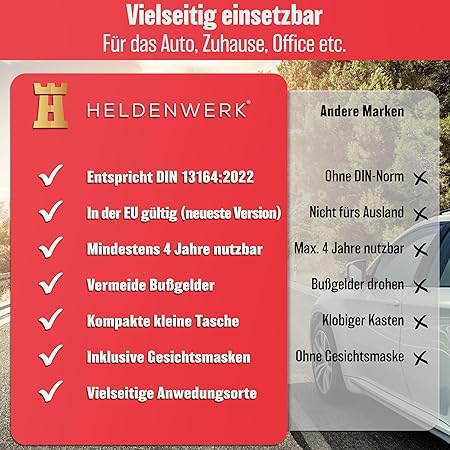 HELDENWERK Car first aid kit 2026 Utilisation et testé dans toute l'Europe (conformément à la circulation allemande) - Trousse de premiers secours Trousse de premiers secours certifiée DIN 13164 - Sac de premiers secours - Noir