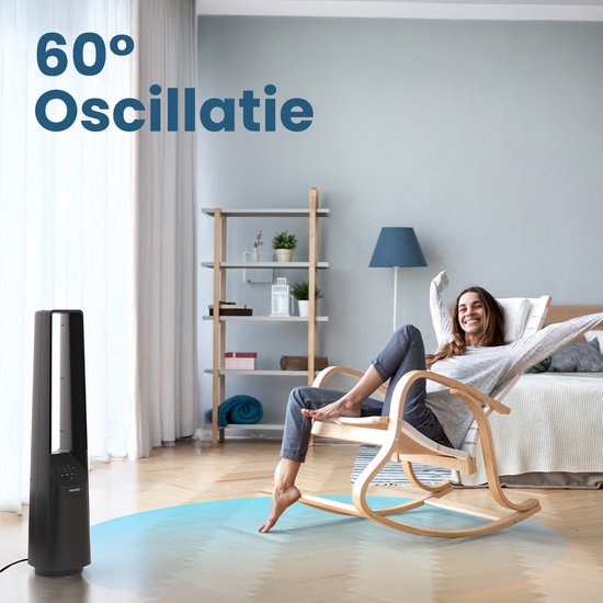 Ventilateur de tour Auronic - Modèle sans pales - Refroidisseur d'air - Ventilateur de sol - Ventilateur silencieux sur pied - 101 CM - 6 vitesses - Ventilateur - Avec minuterie - 39 dB - Gris