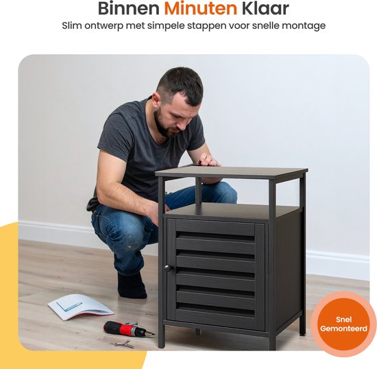 Goliving Table de chevet - 40 x 40 x 60 cm - Meuble de rangement avec porte et étagères - Bois - Industriel - Table d'appoint moderne - Noir
