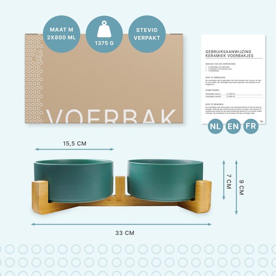 Gamelle pour chien - Bol à boire - Avec support en bambou - 2x 800 ml - Taille M - Vert Mat