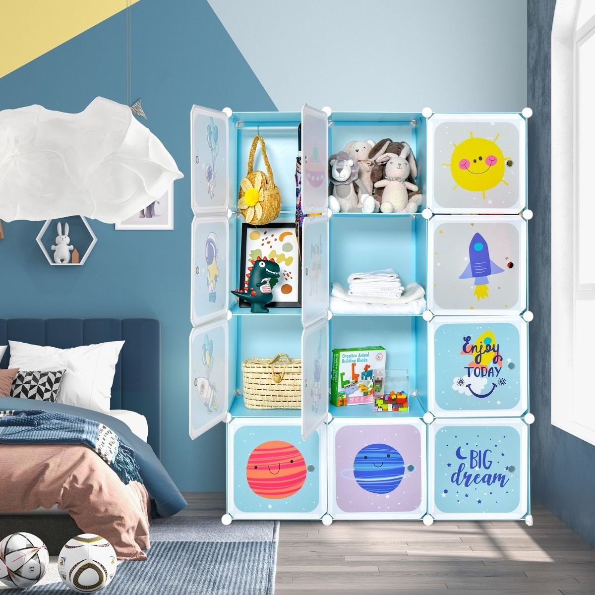 Penderie pour enfants Penderie pour bébés avec 2 sections suspendues et 12 cubes Mignonne commode de dessin animé pour chambre d'enfant Salle de jeux