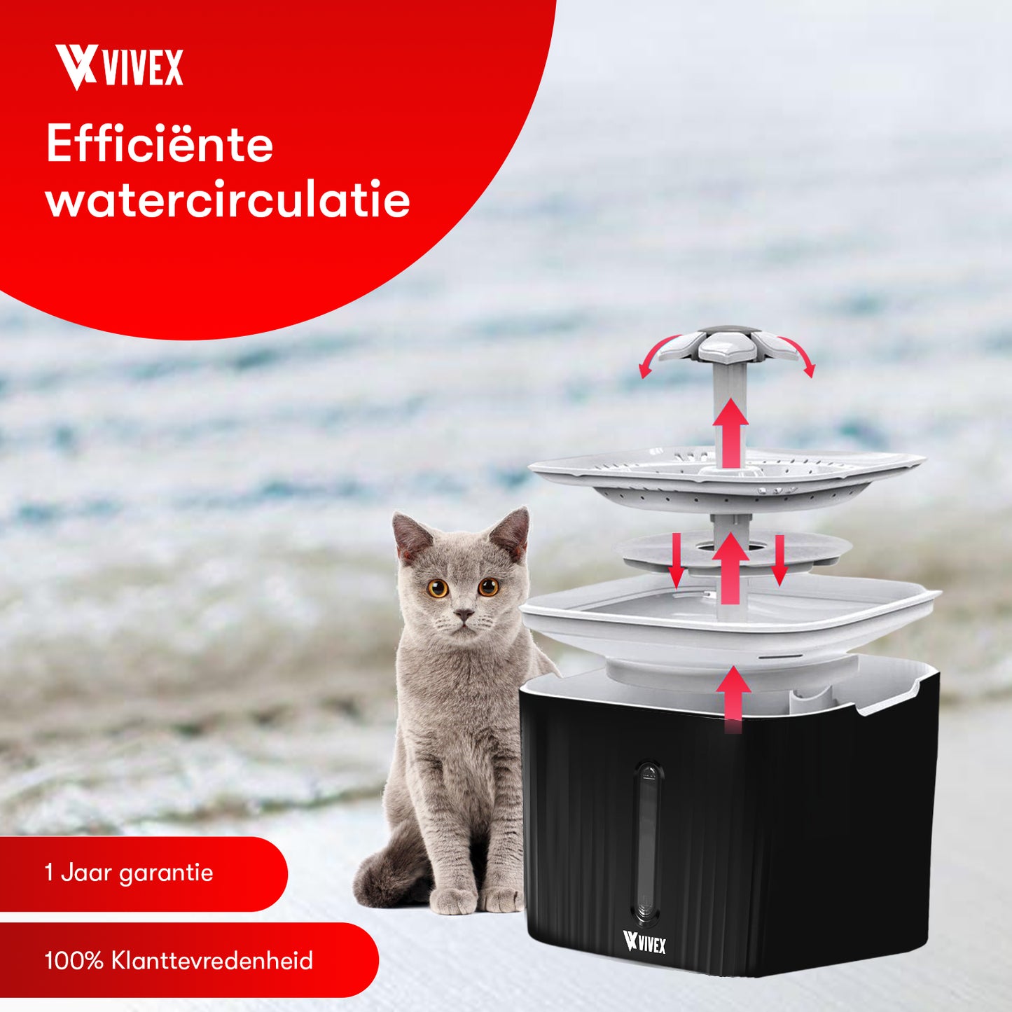 Vivex® Drinking Fountain - Fontaine à eau pour chats et chiens - 5 filtres et outil de nettoyage inclus - Silencieux comme une souris