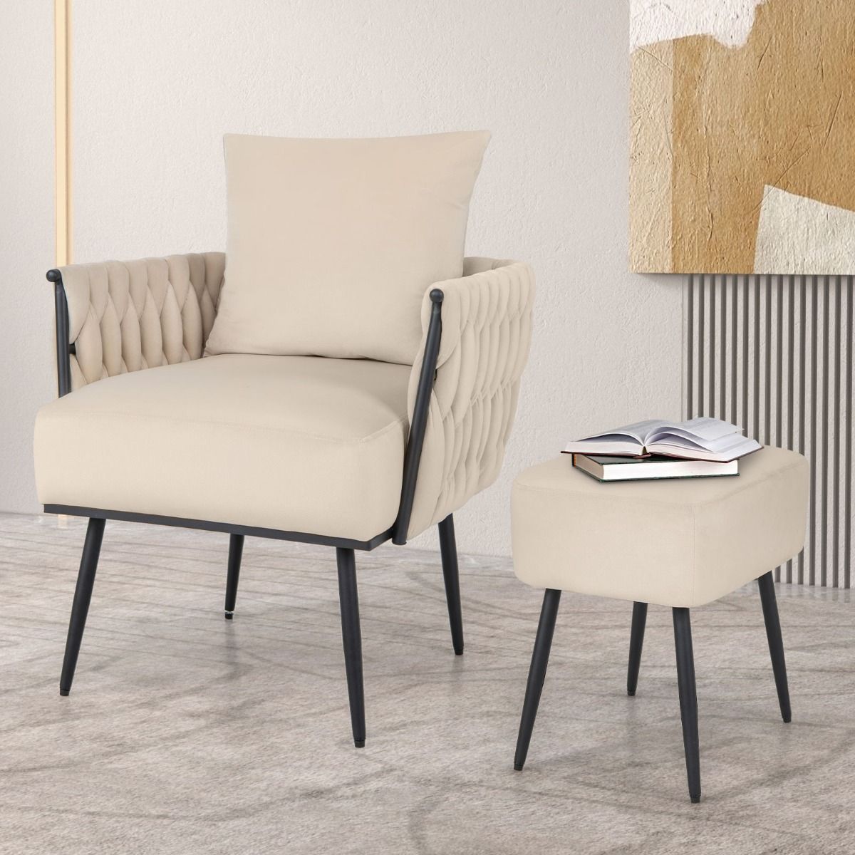 Coast - Ensemble chaise d'appoint et pouf - velours, dossier tissé et pieds en métal - chaise 66 x 65 x 80 cm - velours/métal - beige