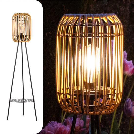 Gadgy Lampe de jardin solaire Lampe de sol Terrasse - Lampe d'extérieur à énergie solaire Balcon et jardin - à trépied Led extérieur avec connexion USB - Lanterne d'éclairage extérieur  - Rotin