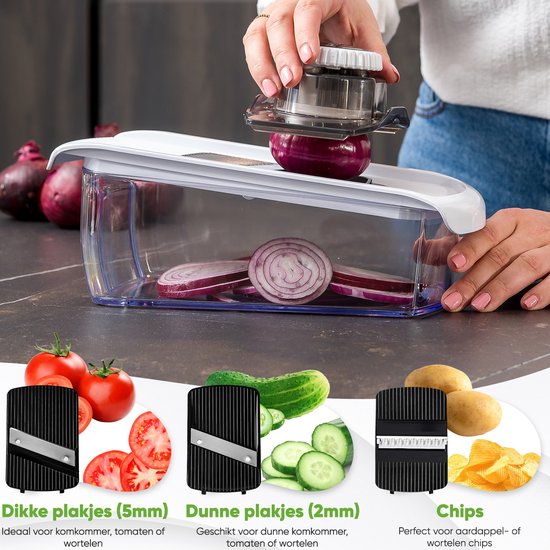 Stosh Mandoline - Coupe-légumes - Coupe-oignons - Coupe-spirale - Râpe - Plastique - 11 pièces - Sans BPA