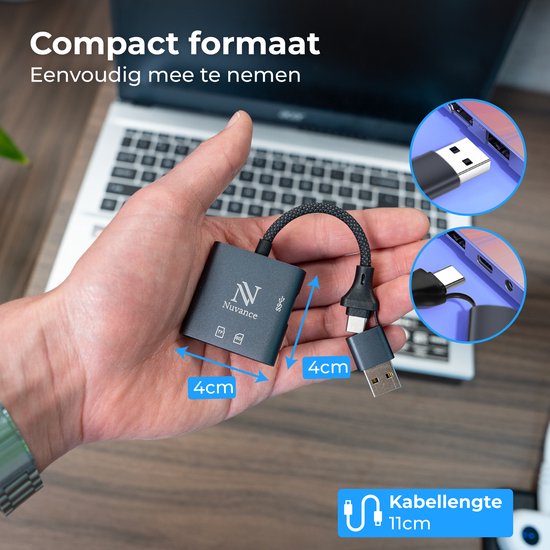 Lecteur de cartes SD Nuvance - Lecteur de cartes SD - 3 en 1 - Lecteur de cartes SD - USB-C et USB-A - Lecteur de cartes micro SD - Carte TF
