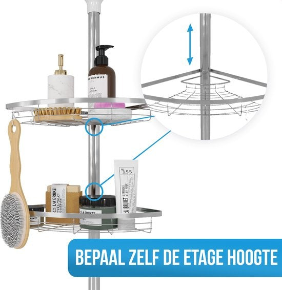 Porte-douche télescopique Strex en acier inoxydable - réglable 70-275 cm - 4 paniers - qualité robuste - fixation sans perçage ni vis - Porte-douche télescopique d'angle