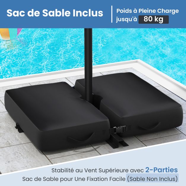Ensemble de jardin 5 pièces avec parasol suspendu de 3 m et éclairage LED - Bleu/Gris