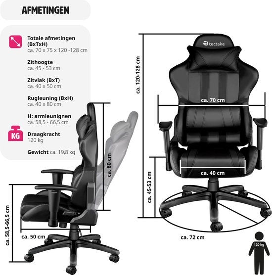 tectake® - bureaustoel gamingchair - luxe burostoel kantoorstoel - racingstoel burostoel gamestoel - zwart - kunstleer - verstelbaar - incl. rug- en nekkussen