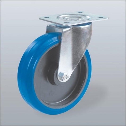 Roulette pivotante en caoutchouc élastique bleu avec plateau supérieur - 125mm - 180kg