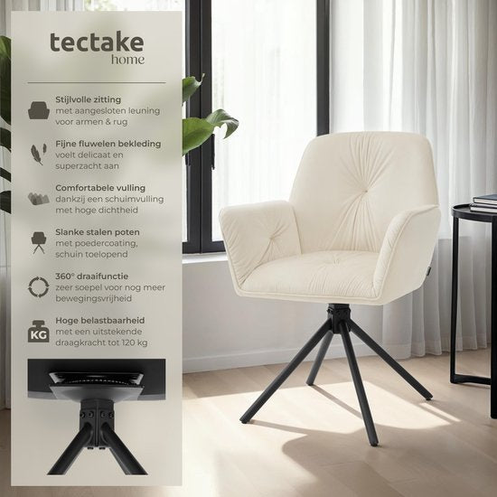 tectake® Chaise pivotante Lenia - Lot de 2 chaises pivotantes avec accoudoir - Chaise de salle à manger pivotante - Fauteuils pivotants - Tapissé - Velours aspect crème/noir
