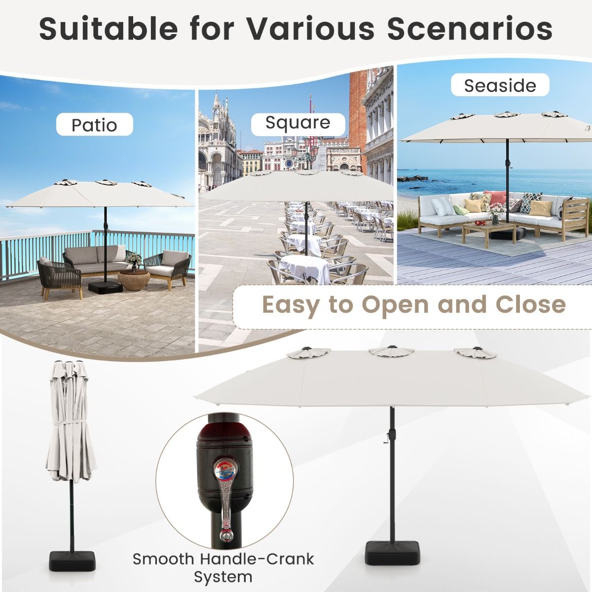 Coast Double Terrace Parasol 464x286 cm Beige - Grand parasol d'extérieur avec 12 poutres en métal, base stable et sacs de poids