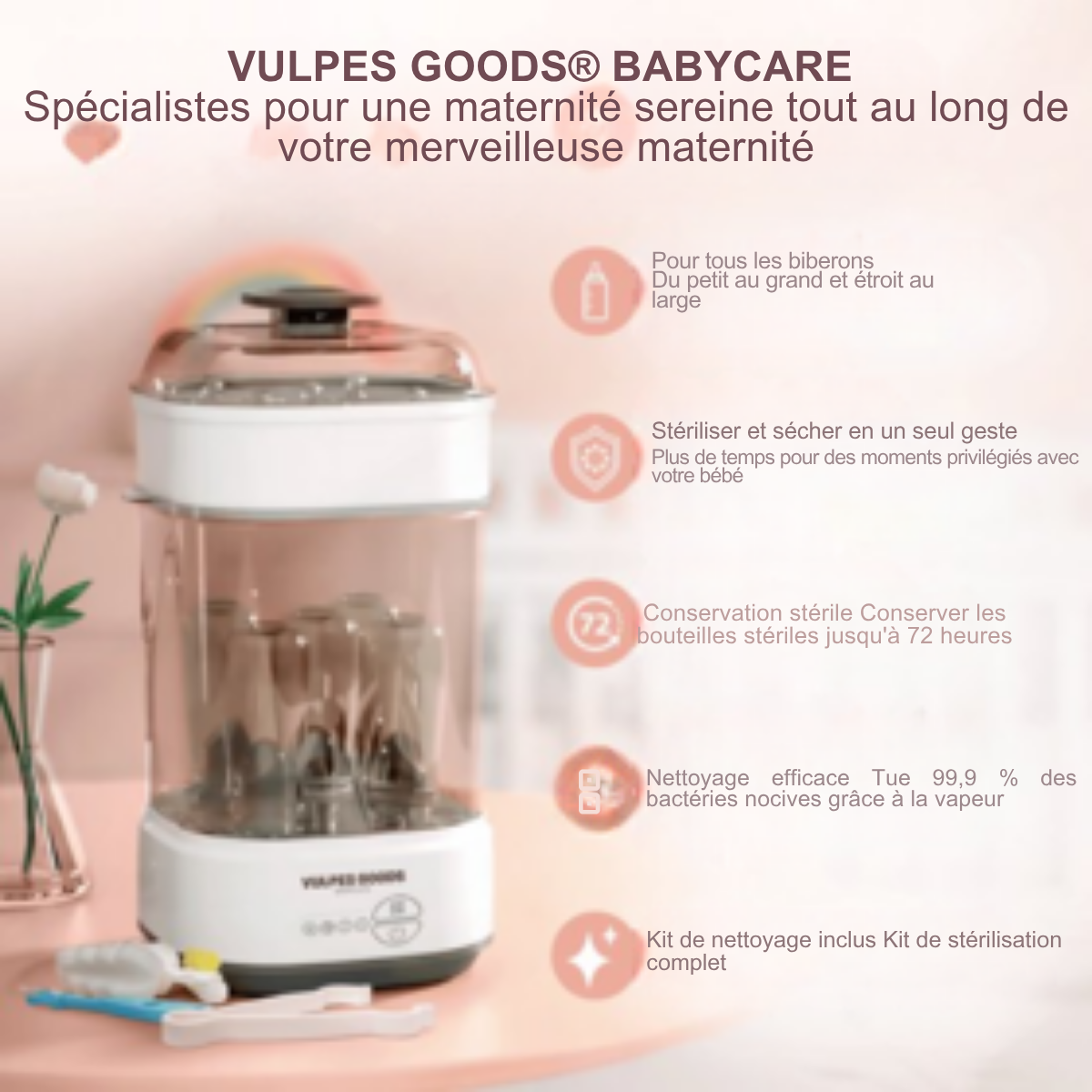 Vulpes Goods® BabyCare - Stérilisateur de biberons électrique 5 en 1 - Stérilisateur à vapeur avec fonction sèche - Stérilisateur de biberons PRO - Kit de nettoyage inclus