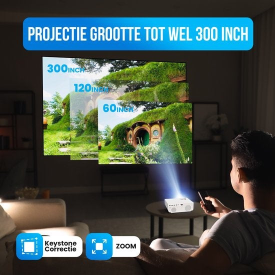 Strex Beamer - 1080P Full HD - 15000 Lumen - Streaming sans fil - Sacoche/écran de projection inclus - WiFi - Bluetooth - Mini Beamer - Projecteur
