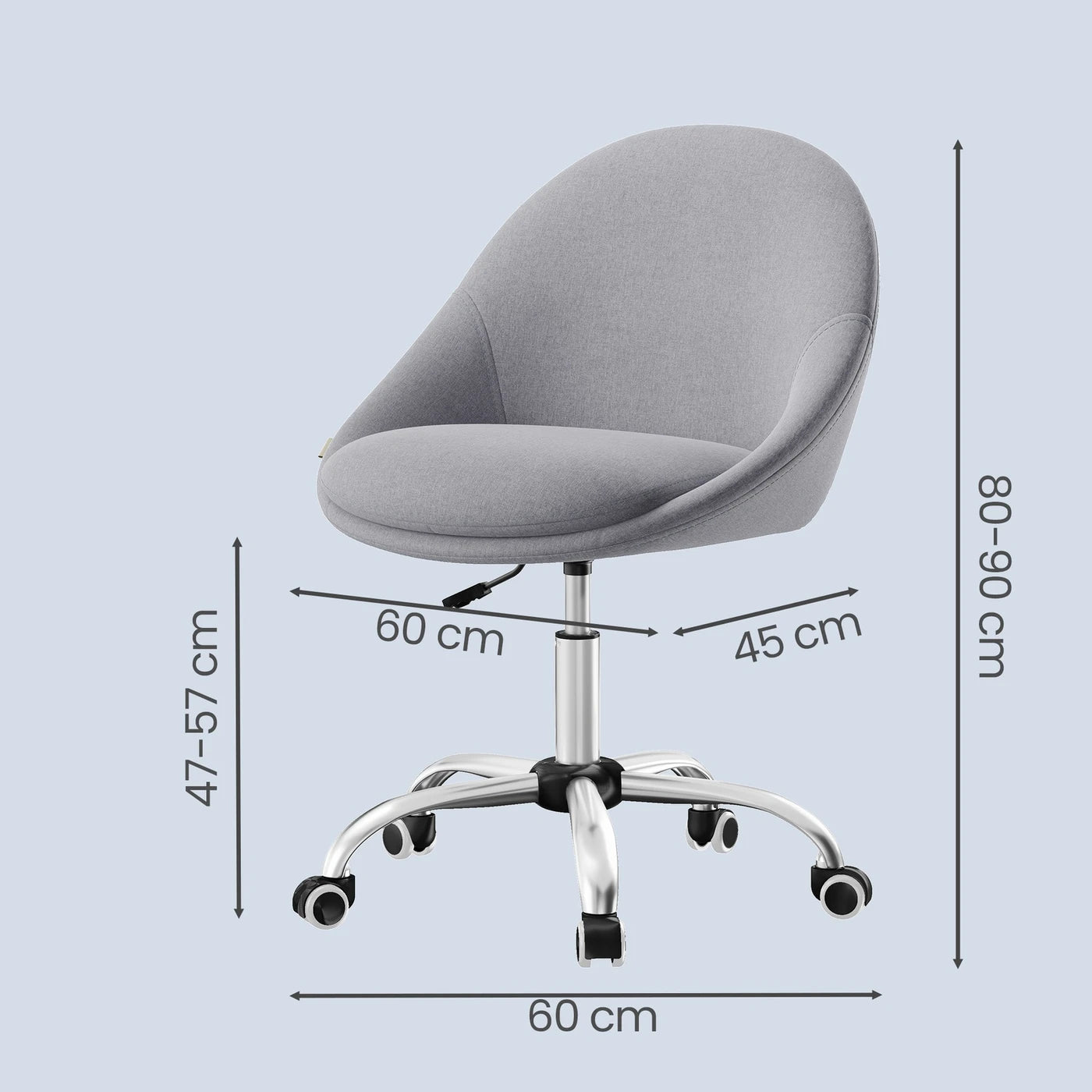 Chaise de bureau Ochama - Grise - Mélange coton-lin - Réglable en hauteur - Pivotante avec roulettes - 60 x 60 x 80-90 cm