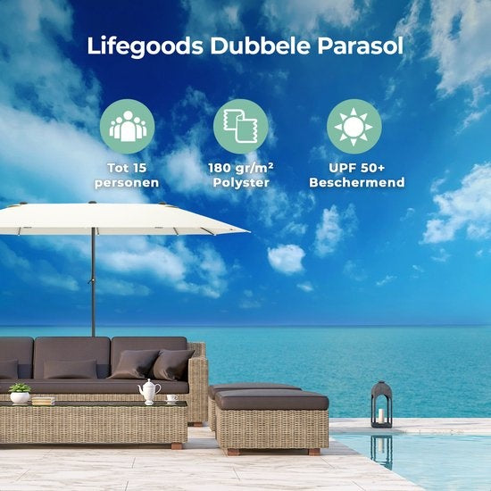 LifeGoods Parasol double - 270x460cm - jusqu'à 15 personnes - imperméable - avec housse - Crème