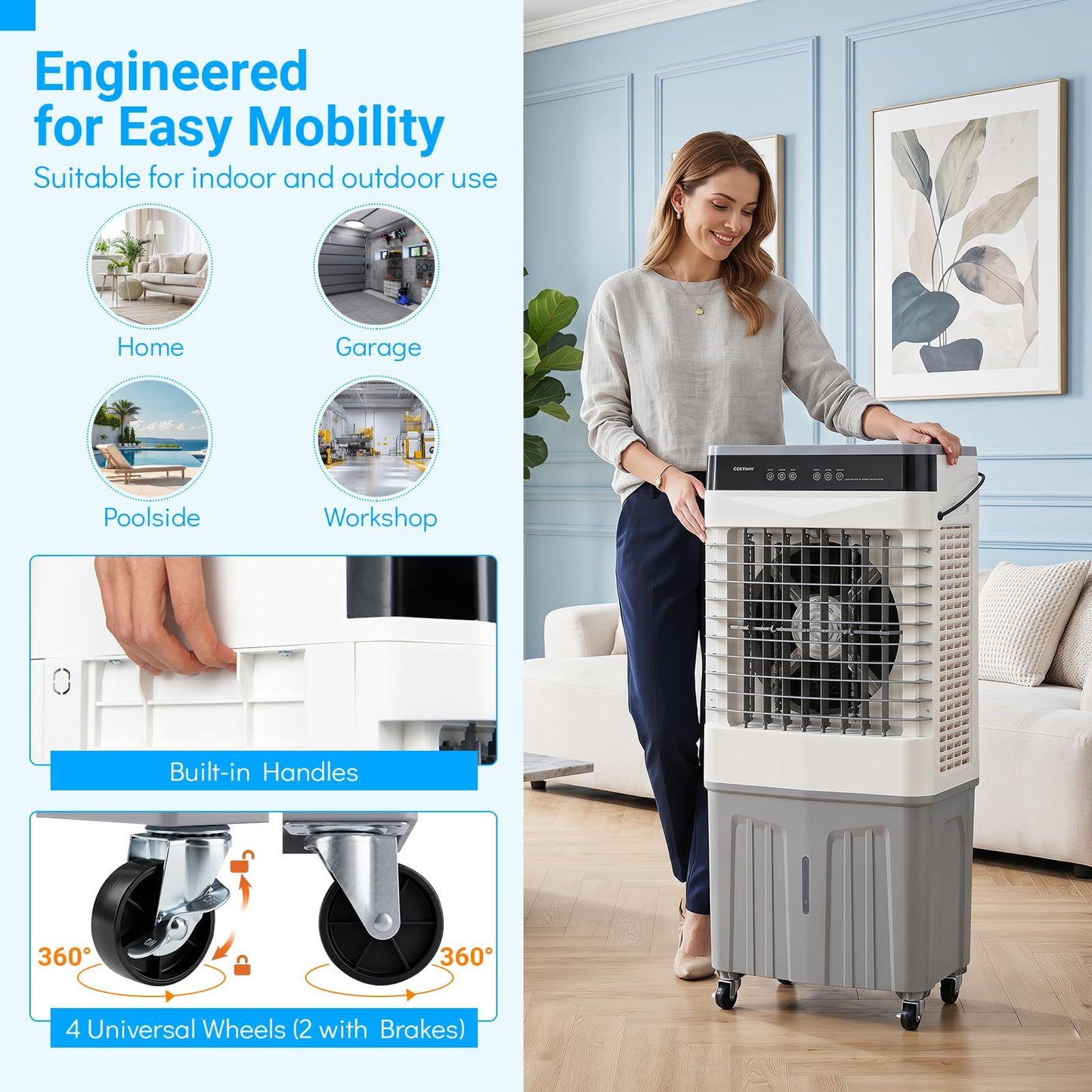 Ventilateur portable et refroidisseur d'air Coast avec télécommande - Réservoir d'eau de 27 L - 3 vitesses - 49 x 31 x 109 cm - Blanc/Gris