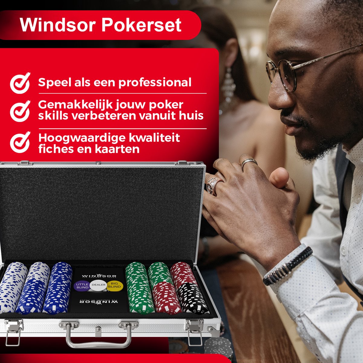Set de poker Windsor - 300 jetons - Tissu de poker - Blinds - Cartes - Jetons de poker - Jetons de poker