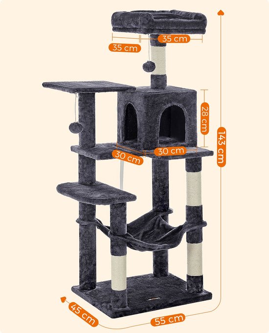 Arbre à chat - Arbre à chat avec hamac - Arbre à chat 143 cm - gris fumé