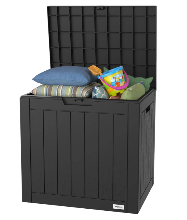 LifeGoods Boîte de rangement XXS 118L - Boîte de rangement pour coussins de jardin - imperméable - résistant aux intempéries - aspect bois - avec support de serrure - gris