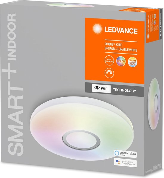 LEDVANCE Applique et plafonnier LED intérieur intelligent avec technologie wifi, couleur de la lumière modifiable (3-K-65-K), couleur RVB modifiable, blanc, 34-mm, compatible Google et Alexa, SMART+ ORBIS KITE RGBW