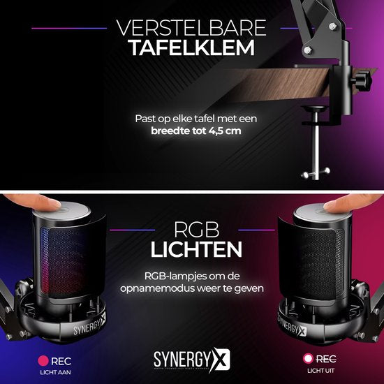 SynergyX SonicFlex Pro Microphone - Microphone de jeu USB avec bras - PC Gaming - Convient pour PC/PS4/PS5 - RGB - Podcast - Gaming - Streaming - Noir
