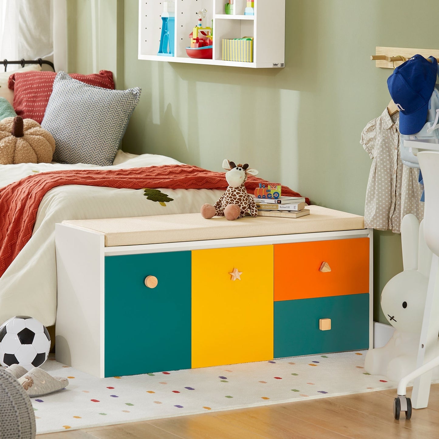 SoBuy Banc de rangement enfant avec 2 armoires et 2 tiroirs - Max. 150 kg - 100 x 37 x 46 cm - Coloré