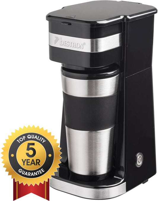 Cafetière à filtre Bestron 750 W - ACM112Z - 0,42 L, 2 grandes tasses - Adaptée au camping - Tasse isotherme - Garantie 5 ans