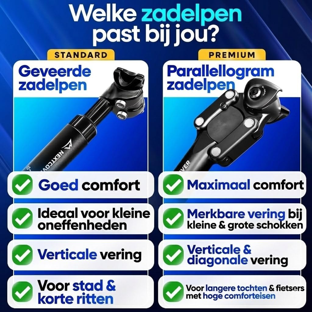 Tige de selle à ressort Nextcover - Comfort-Spring - Tension du ressort réglable - Pour vélos électriques et vélos classiques
