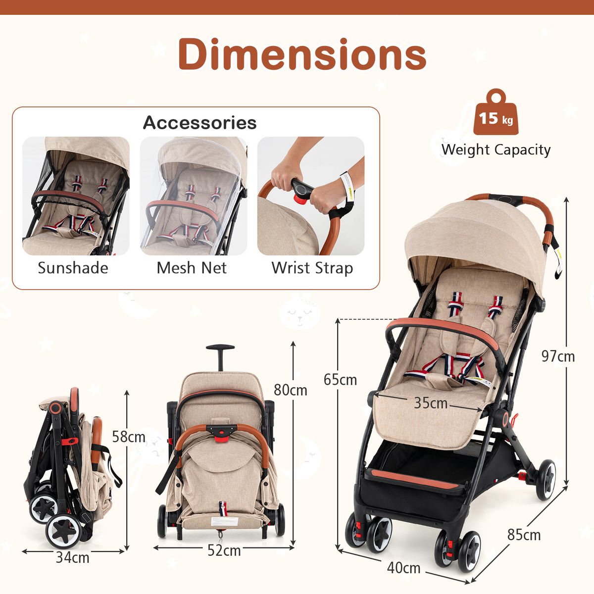 Poussette pliable Coast - dossier et repose-pieds réglables - roues amortissantes - beige