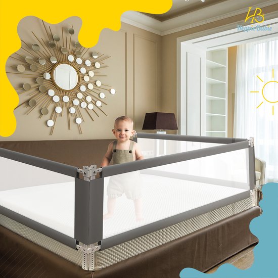 Barrière de lit HeppieBabie  - universelle - extra longue 150 CM - réglable - avec filet de sécurité - grise