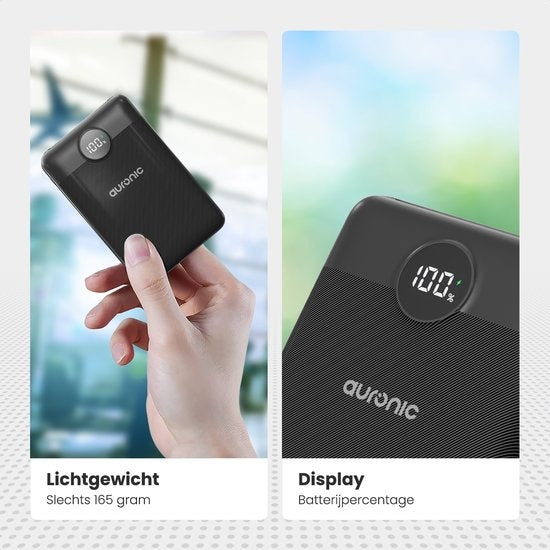 Auronic Powerbank - Chargeur rapide iPhone et Samsung - 10 000 mAh - 22,5W - 2 ports de charge - Chargement rapide via USB-A et USB-C - Noir