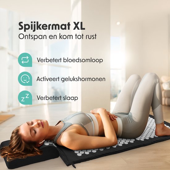 LifeGoods Tapis d'acupression XL - avec coussin - Tapis Shakti - Tapis pour ongles avec 2 balles pour points de déclenchement - 128x48x2cm - Noir/Blanc