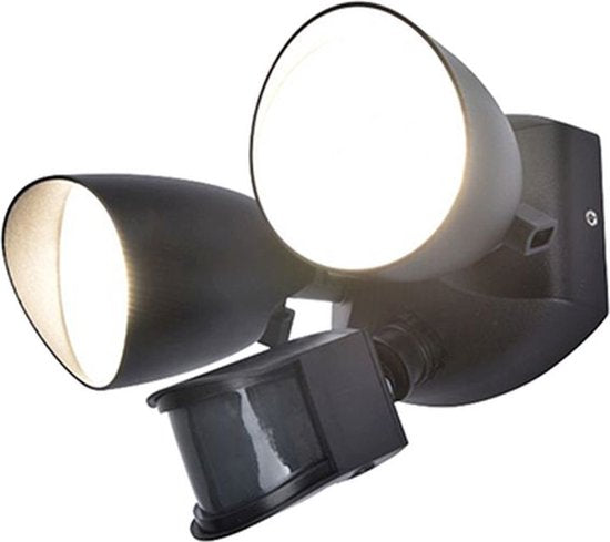 LUTEC Shrimp - Applique murale de sécurité LED pour l'extérieur - Détecteur de mouvement PIR - Capteur jour/nuit - Aluminium haut de gamme - À deux têtes - Éclairage puissant de 1 700 lm - Lumière blanche brillante de 4 000 K - Noir mat