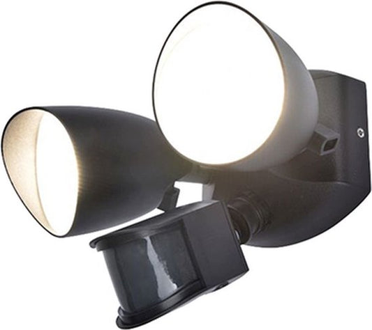LUTEC Shrimp - Applique murale de sécurité LED pour l'extérieur - Détecteur de mouvement PIR - Capteur jour/nuit - Aluminium haut de gamme - À deux têtes - Éclairage puissant de 1 700 lm - Lumière blanche brillante de 4 000 K - Noir mat