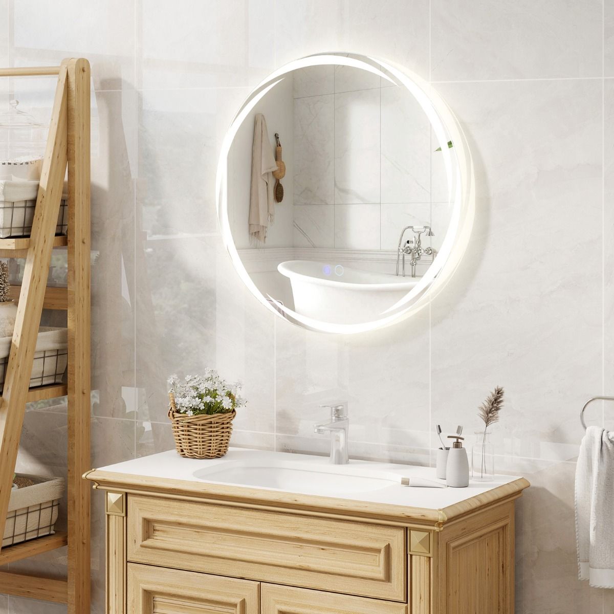 Coast 60x60 cm Miroir de salle de bain LED rond argenté avec éclairage 3 couleurs graduable, anti-buée et fonction mémoire