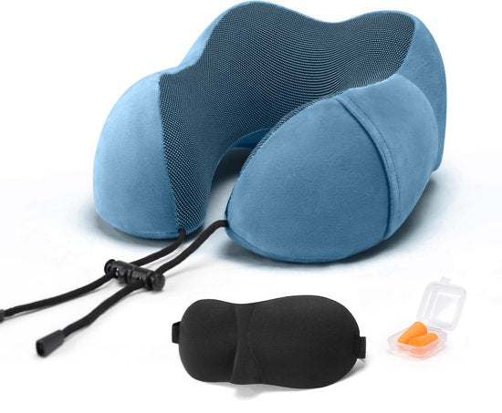 SKYCASES Travel Essentials - Ensemble d'oreillers de cou 3 pièces - Oreiller de voyage ergonomique en mousse à mémoire de forme avec masque pour les yeux et bouchons d'oreille - Idéal pour l'avion, la voiture et le train - Compact et luxueux - Bleu royal