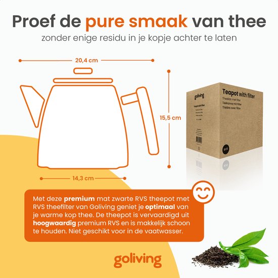 Goliving Théière avec filtre - 1 litre - Théière - Double paroi - Acier inoxydable - Infuseur de thé - Mat - Noir