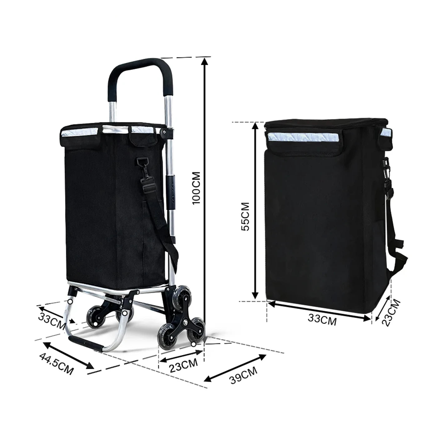 Chariot de courses Ochama à 3 roues - Noir - 44,5 x 39 x 100 cm - 41 L