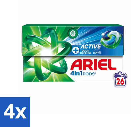 Ariel - Détergent en dosettes 4en1 - Contrôle actif des odeurs - 26 dosettes - Emballage avantageux - 4 pièces