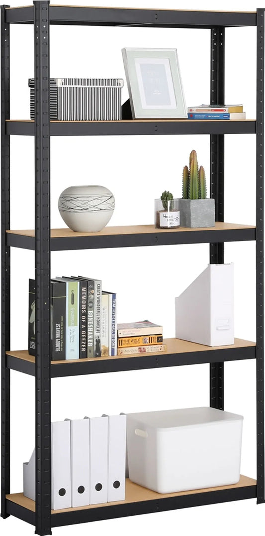Yaheetech Armoire à rayonnages avec 5 étagères - 90 x 30 x 180 cm - équipée de niveaux réglables en MDF, d'un système de fixation sans vis et de renforts d'angle - pour garage, entrepôt et cave - métal noir et MDF E1